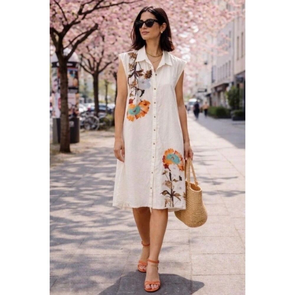 NWT Maeve Anthropologie White Sleeveless Shirtdress Sz M Floral Placement Print